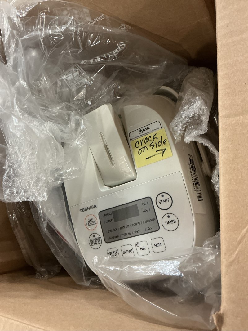 Condition photo showing As Is for Toshiba Mini Rice Cooker, 3 Cups Uncooked Small Rice Cooker, Steamer & Warmer, With Fuzzy Logic And One-Touch Cooking, 24 Hour Delay Timer And Auto Keep Warm Feature, White