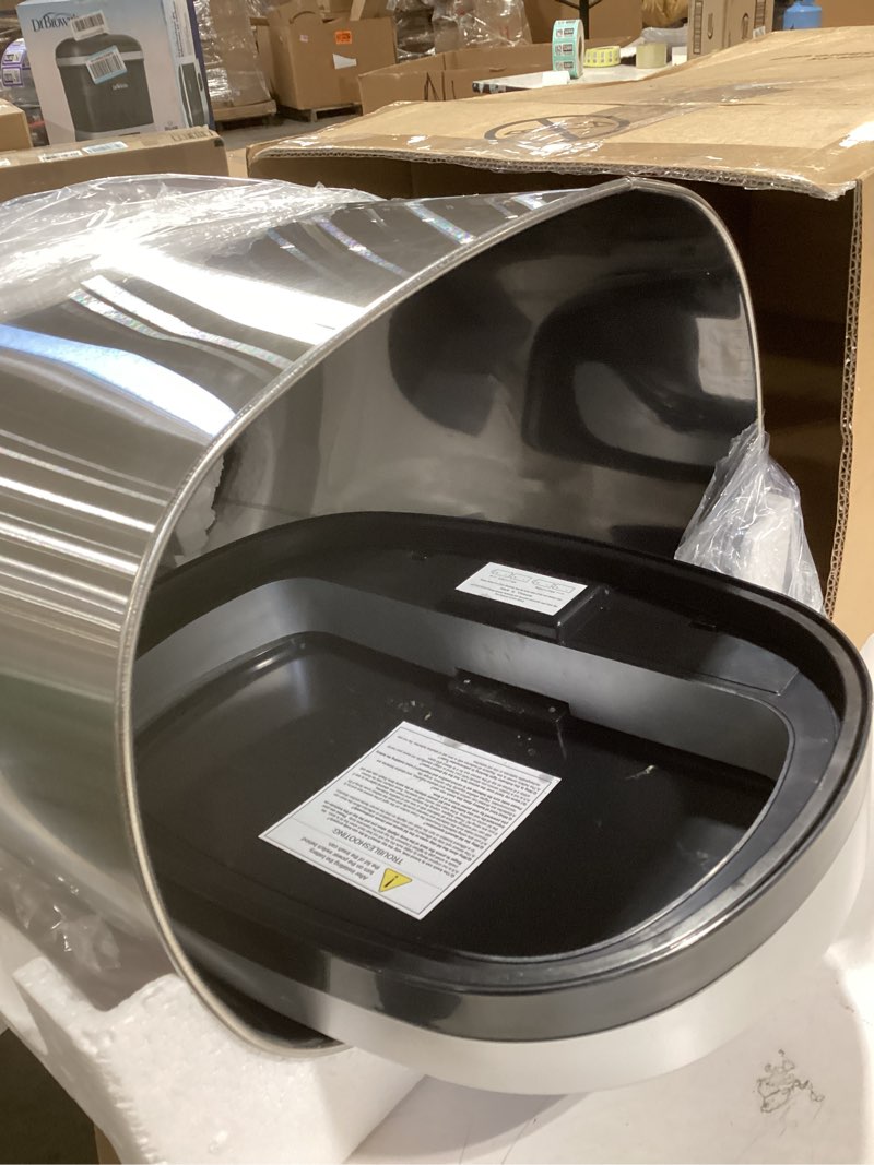 Condition photo showing As Is for Similar to BestOffice | 13 Gallon Trash Can with Lid | Automatic Touchless Garbage Can | Odor Control | Modern Oval Design | Easy to Clean | Stainless Steel | Fits Any Kitchen, Bathroom, Office or Home Stainless Steel Stainless Steel