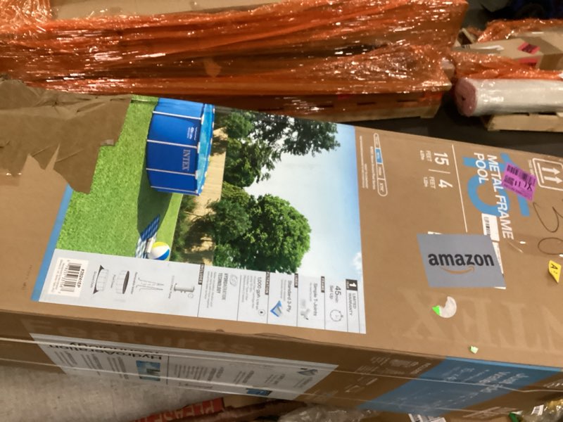 Condition photo showing As Is for intex metal frame 15 ft x 48 in above ground pool set, round swimming pool with steel frame, 1000 gph cartridge filter pump, and type a filter cartridge white filter pump 15' x 48"