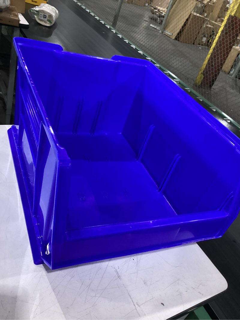 Condition photo showing New/Like New for akro-mils 30289 super-size akrobins plastic storage bins, space-saving stackable bins for garage, classroom, warehouse organization, 24" l x 18" w x 12" h, blue, 1-pack blue, (1-pack)