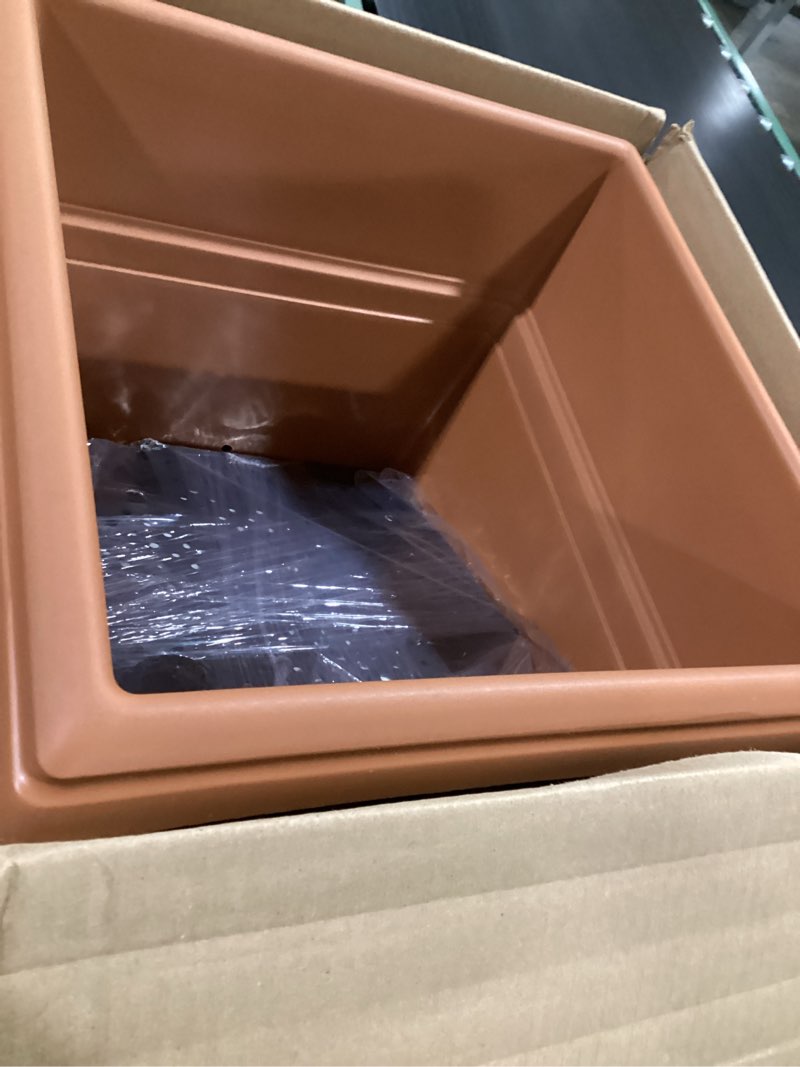 Condition photo showing As Is for bloem dayton planter with saucer: 12" - terra cotta - 100% recycled plastic pot, removable saucer, elevated feet, for indoor and outdoor use, gardening, 3 gallon capacity terra cotta 12"