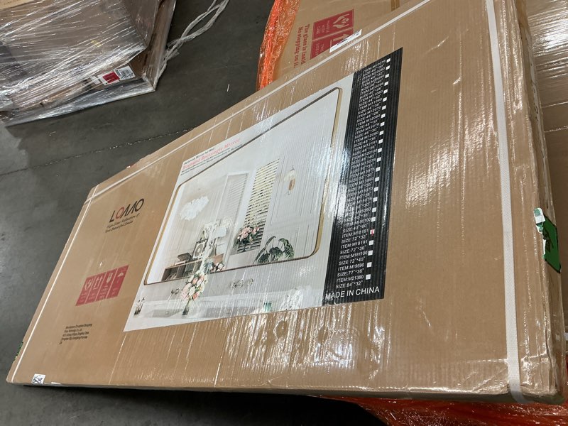 Condition photo showing New/Like New for LOAAO 72x32 Inch GOLD Metal Framed Bathroom Mirror for Wall, GOLD Bathroom Vanity Mirror Farmhouse, Large Rounded Rectangle Mirror, Anti-Rust, Tempered Glass, Hangs Horizontally or Vertically