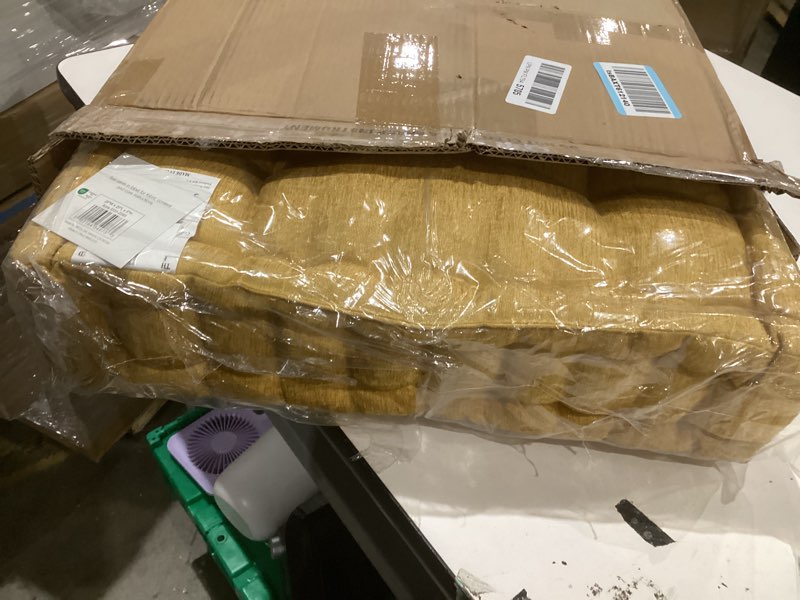 Condition photo showing New/Like New for intelligent design azza floor pillow, large cushions sitting for adults, floor pillow for meditation or yoga, lustrous chenille tufted with scalloped edges for bench/chair cushion, 20"x20"x5" yellow 20"w x 20"l x 5"h square yellow