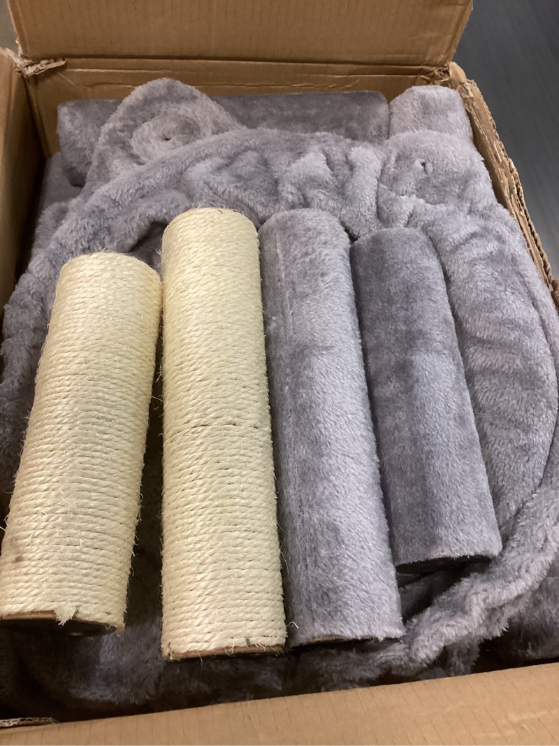 Condition photo showing Good Condition for cat tree with cat condo and two hammocks, cat tree with scratching posts and scratching pads, cat tower for indoor cats, activity centre climbing tree with playful toy balls, grey