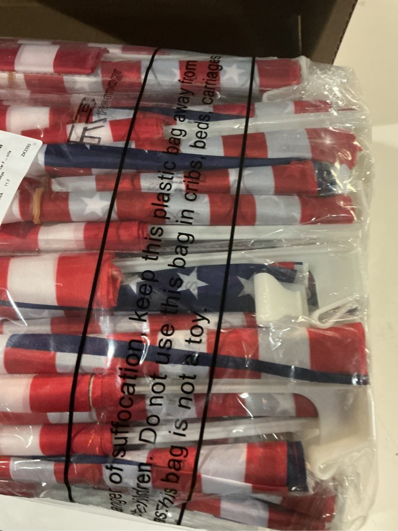 Condition photo showing Good Condition for 100 Pcs 250th Anniversary Car Flag for Window USA Double Side American Flag Bulk 17" x 12" Red White and Blue Car Window Clip on Flags for Parades, Sports Events and National Holidays
