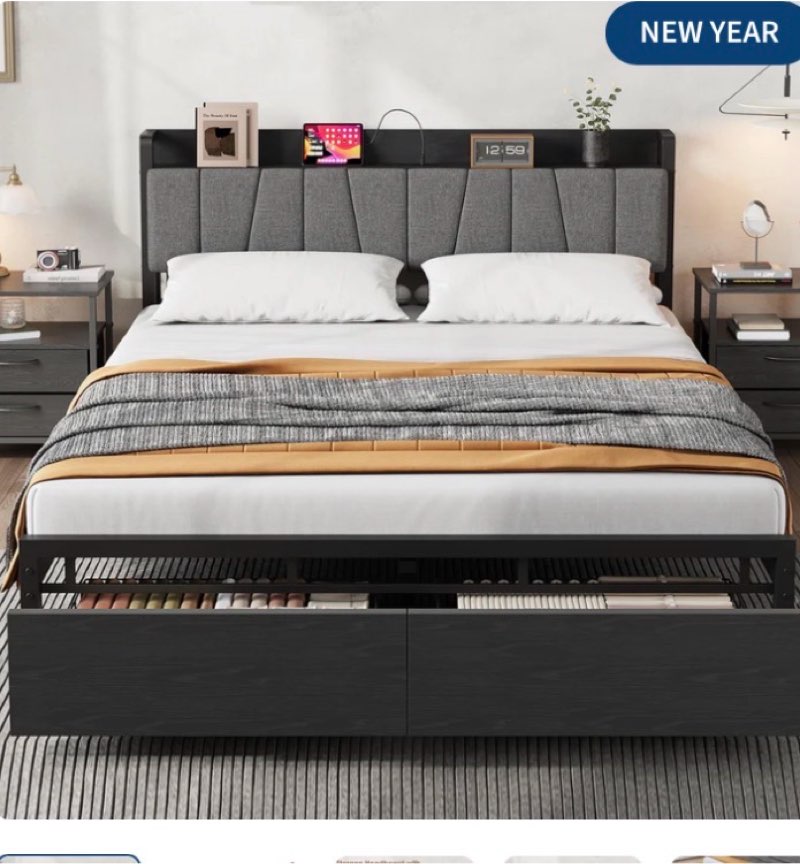 Garvee King Size Bed Frame with Upholstered Headboard, Storage Drawers, Charging Station, Metal Slats, Black, Platform Bed for Bedroom