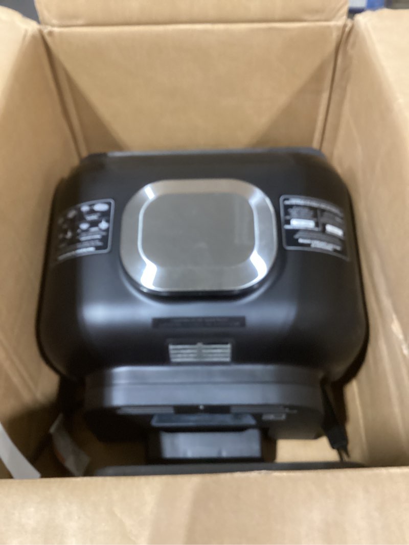 Condition photo showing As Is for ninja | indoor grill and air fryer| foodi smart xl | 6-in-1 grill, air fry, roast, bake, broil, dehydrate & crisp |smart thermometer & splatter shield | dishwasher safe parts | black/silver | fg551 6-in-1 smart xl