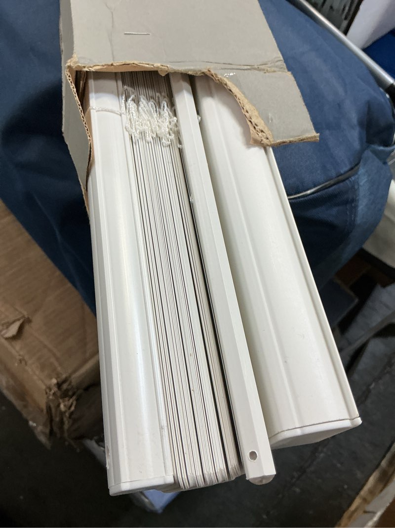 Condition photo showing As Is for mainstays 1" cordless room darkening vinyl horizontal mini blinds, white, 30"w x 48"l