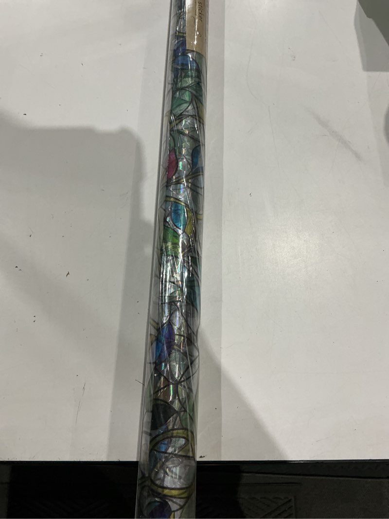 Condition photo showing New/Like New for stained glass window film, rainbow privacy, one way decorative tint, static cling, renter friendly for home bathroom door rainbow purple flower 35.5*156