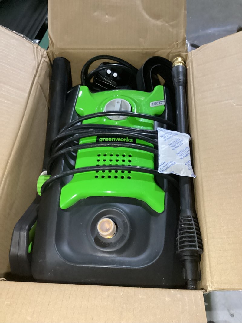 Condition photo showing As Is for Greenworks Compact Electric Pressure Washer, 1.2 GPM (CSA Certified, Lightweight, 20 FT Tangle-Free Hose, 35 FT Power Cord) Great For Cars, Fences, Patios, Driveways, Decks and Patios 1600 PSI