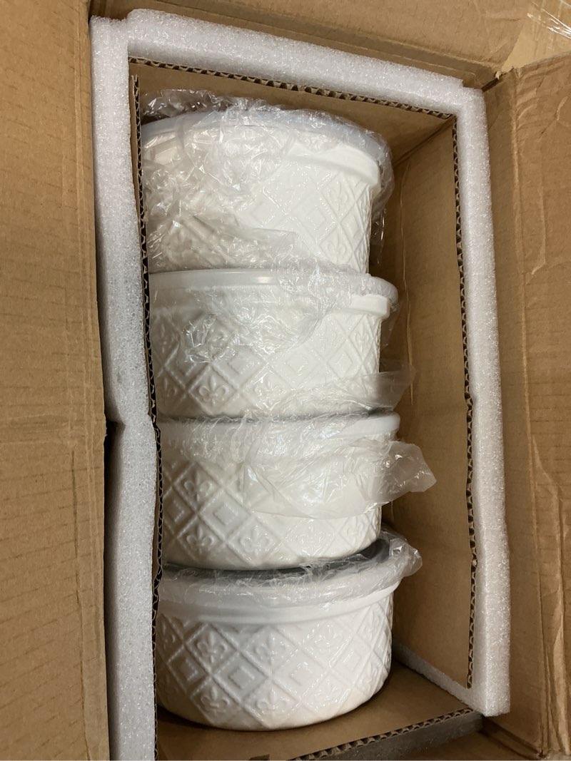 Condition photo showing Good Condition for 40oz Large Ceramic Mixing Bowls with Lids Set of 4, Ramekin Bowls Oven Safe, Serving Bowls with Lids, Meal Prep Containers, Airtight Food Storage Containers Set for Housewarming, White White (with Lid) 40 oz