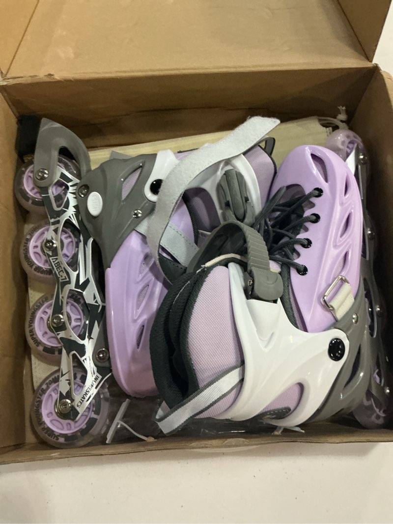 Condition photo showing Good Condition for super youngster adjustable inline skates for boys girls ages 4-12 with light up wheels, roller skates blades for youth kids indoor & outdoor beginners purple medium-big kid (1-4 us)
