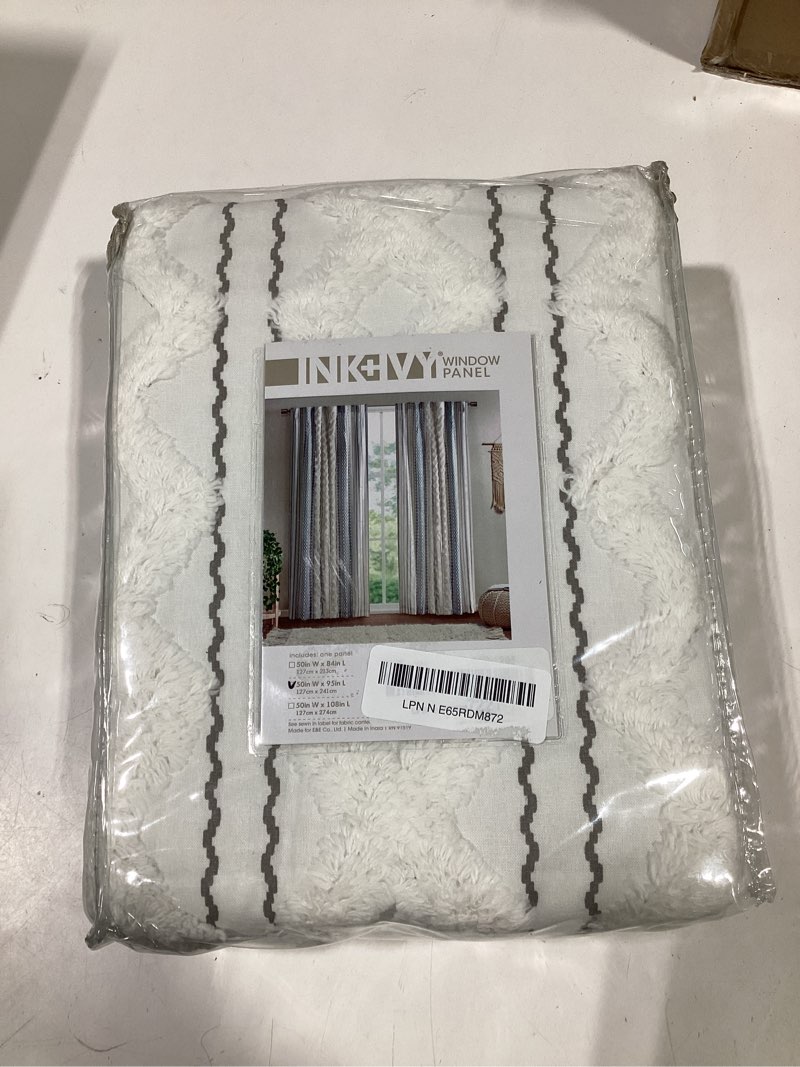 Condition photo showing As Is for ink+ivy boho curtain for bedroom single panel window curtain for living room, 100% cotton tufted chenille stripe modern farmhouse curtain light filtering drape for bedroom, 50" x 95", ivory/navy ivory/navy 50"w x 95"l (pack of 1)