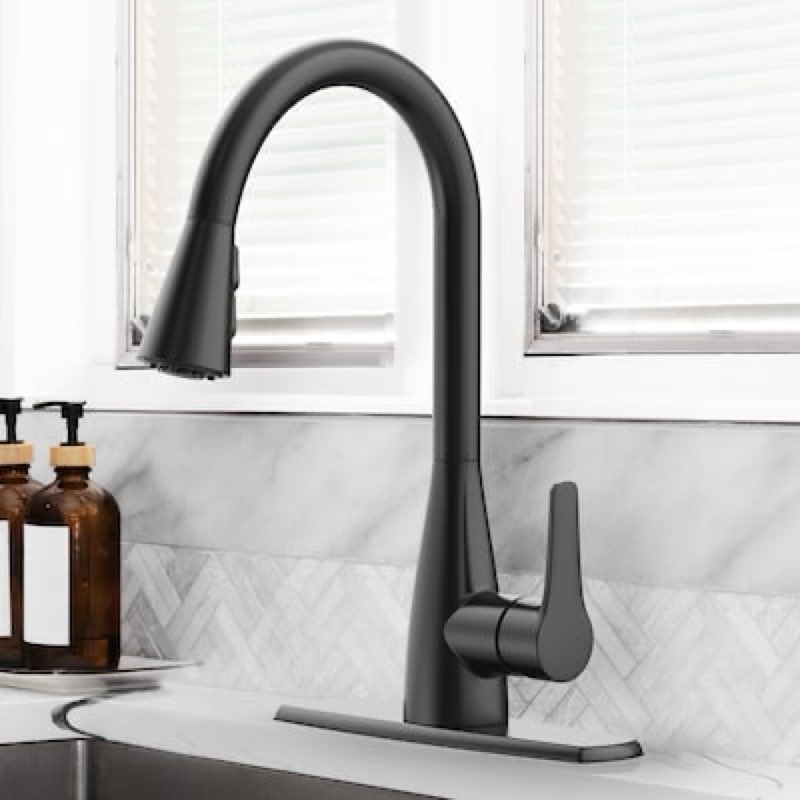 project source ellesburg matte black single handle deck-mount pull-down kitchen faucet with sprayer (includes deck plate)