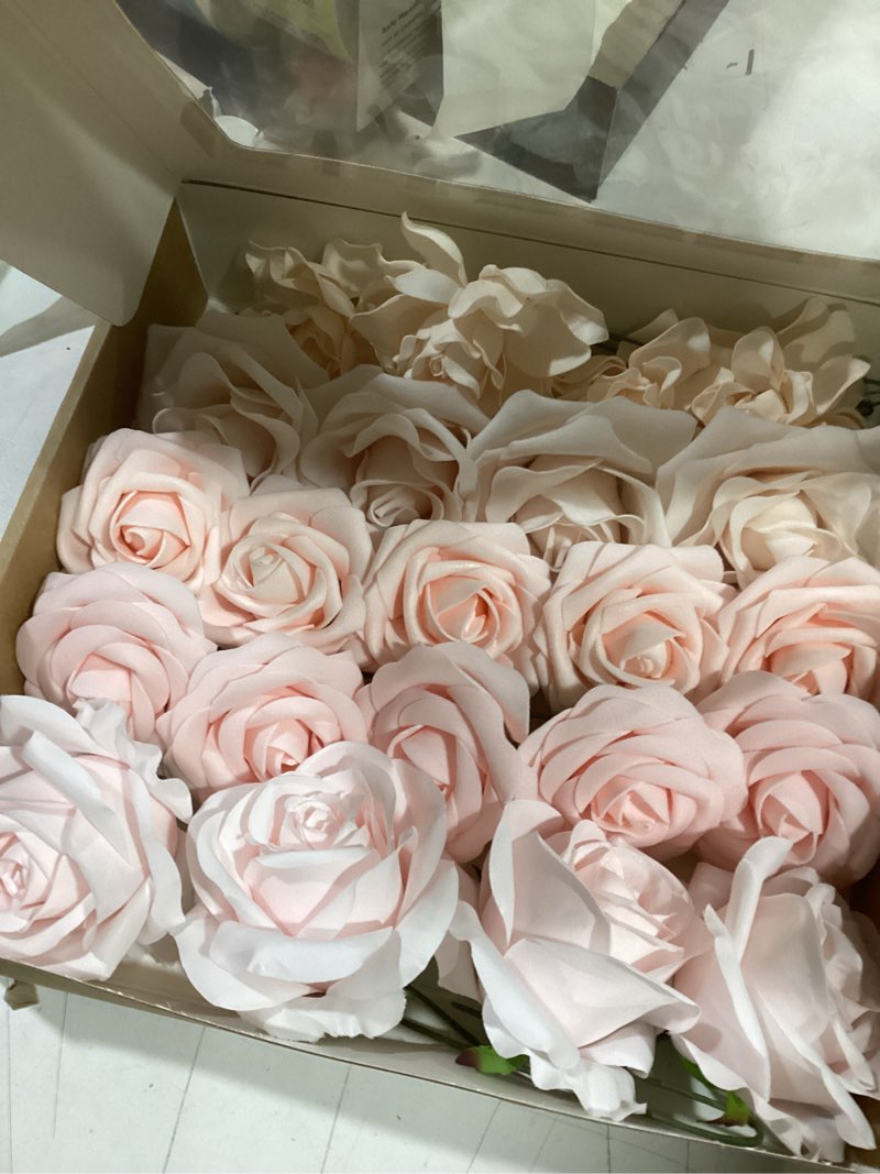 Condition photo showing Good Condition for ling's moment artificial flowers fake silk roses faux foam gardenia combo for diy wedding bouquets centerpieces arrangements bridal shower party home decorations, pale pink, 23pcs pk-pale pink