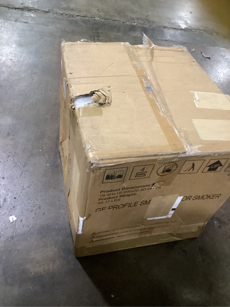 Condition photo showing As Is for ge profile™ smart indoor pellet smoker, with active smoke filtration, 5 smoke control settings, wifi connected, electric, countertop bbq appliance, black