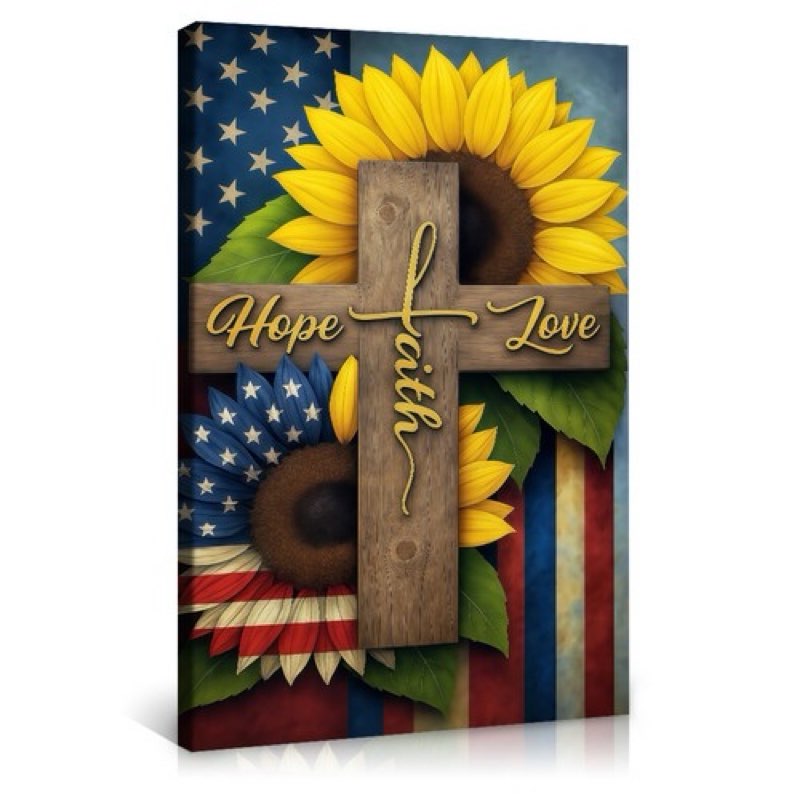 Sunflower Canvas Wall Art Cross Painting Wall Decor American Flag Poster Print Faith Love Hope Pictu