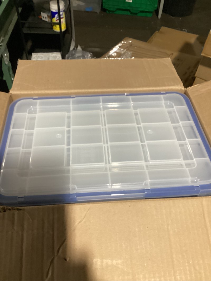 Condition photo showing Good Condition for IRIS USA WeatherPro 16 Qt Storage Bins with Lids, 3 Pack, BPA-Free Plastic Gasket Box with Tight Latch and Seal, Stackable Nestable Tote Tub - Clear/Blue 16 Qt. - 3 Pack