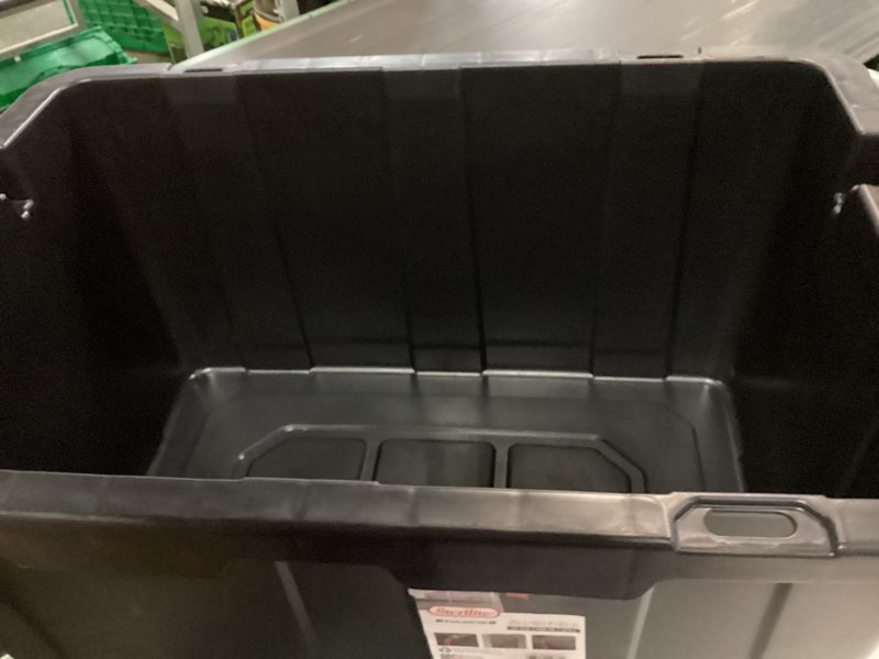 Condition photo showing Good Condition for sterilite 27 gallon industrial tote  rugged plastic storage bin  latch lid  black