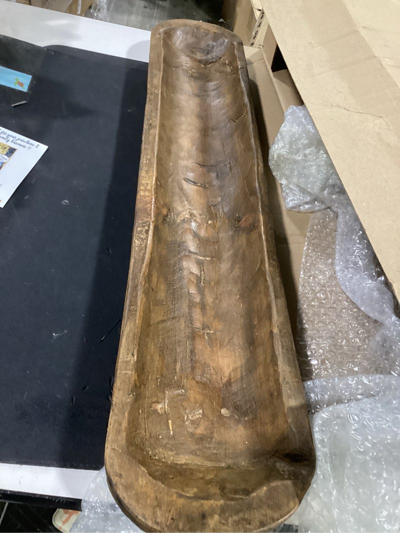 Condition photo showing Good Condition for mainevent decorative wooden dough bowl decor approx 30 inch, hand carved rustic wood long bowl, large carved dough bowl, long wooden bread shaped large bowl centerpiece made in usa 30 inch waxed / brown