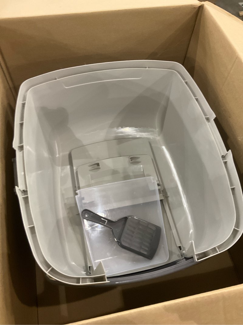 Condition photo showing Good Condition for IRIS USA Cat Litter Box, Large Litter Box Enclosure with Front Door Flap and Scoop, Covered Kitty Litter Box with Handle and Buckles for Portability and Privacy, Gray