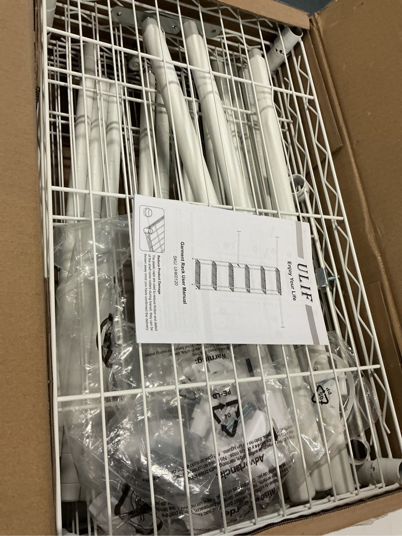 Condition photo showing Good Condition for Ulif M5 Wall Mounted Clothes Garment Rack, Heavy Duty Closet Storage and Organizer with 6 Shelves and 3 Expandable Hanger Rods, Space Saver Suit (46.2-102.4)" W x 14" D x 83.1" H, White White M5