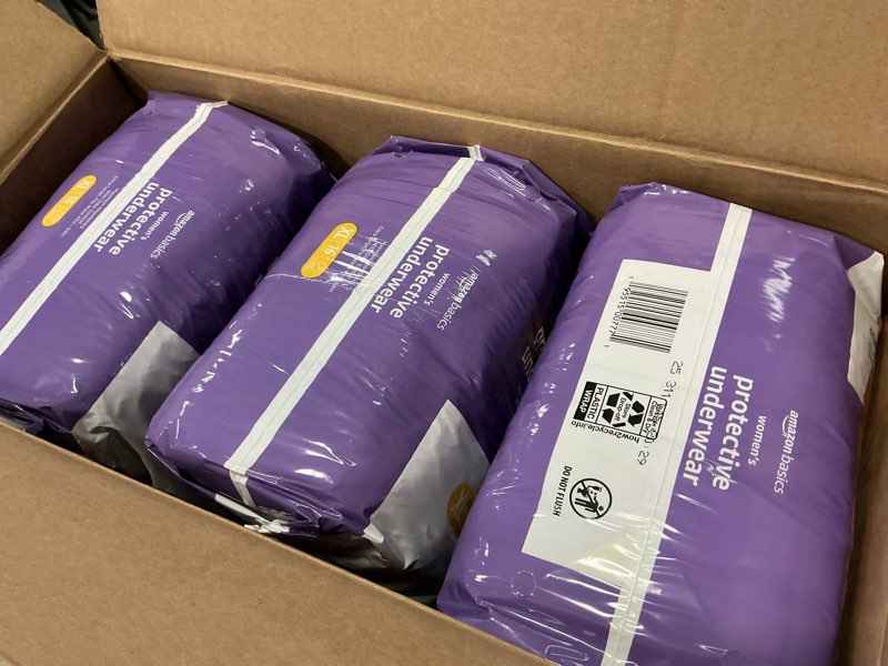 Condition photo showing New/Like New for Amazon Basics Incontinence Underwear for Women, Protective, Disposable, Postpartum, Maximum Absorbency, X-Large, Lavender, 48 Count (3 Packs of 16)