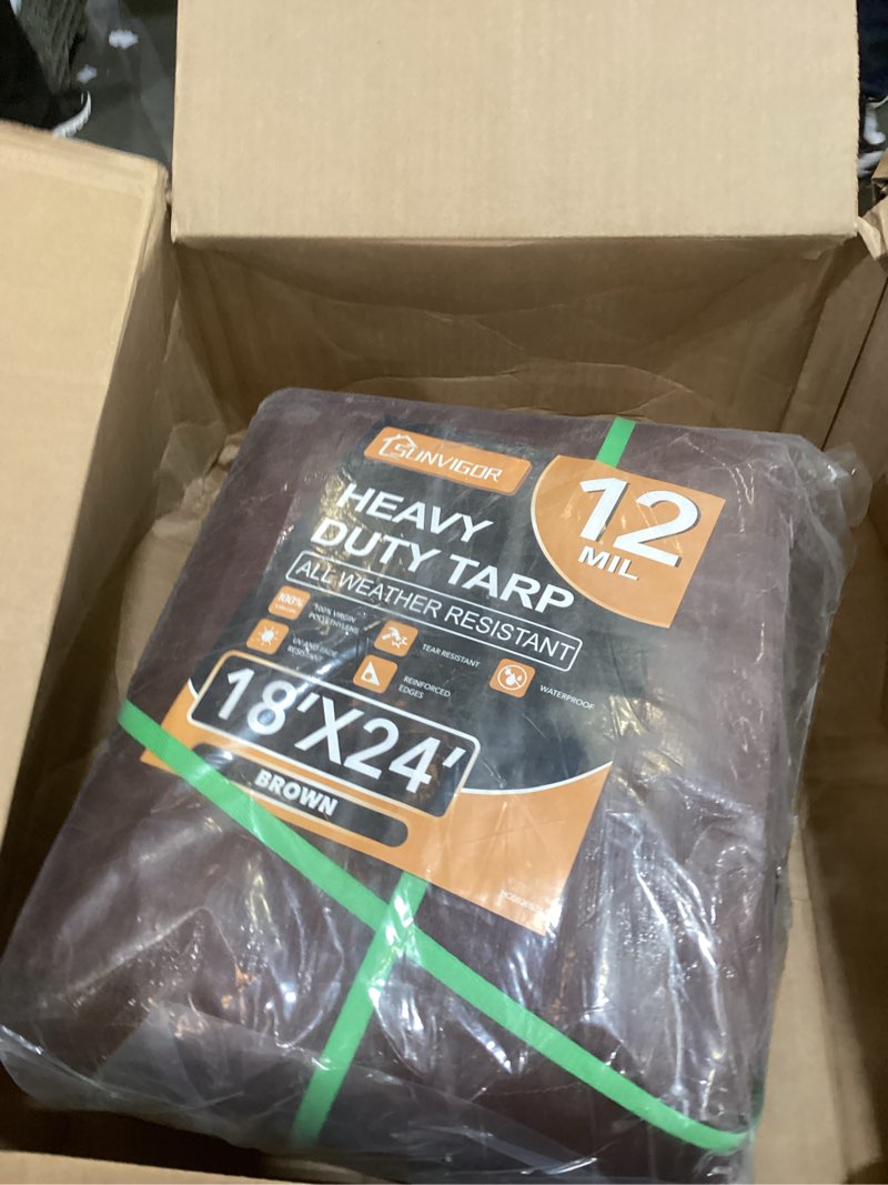 Condition photo showing Good Condition for sunvigor tarp waterproof 18x24ft, extra thick 12 mil heavy duty tarp cover, tear & fade resistant, outdoor tarps with brass grommets and reinforced edges for roof, camping, patio, boat (brown) brown 12mil 18' x 24'
