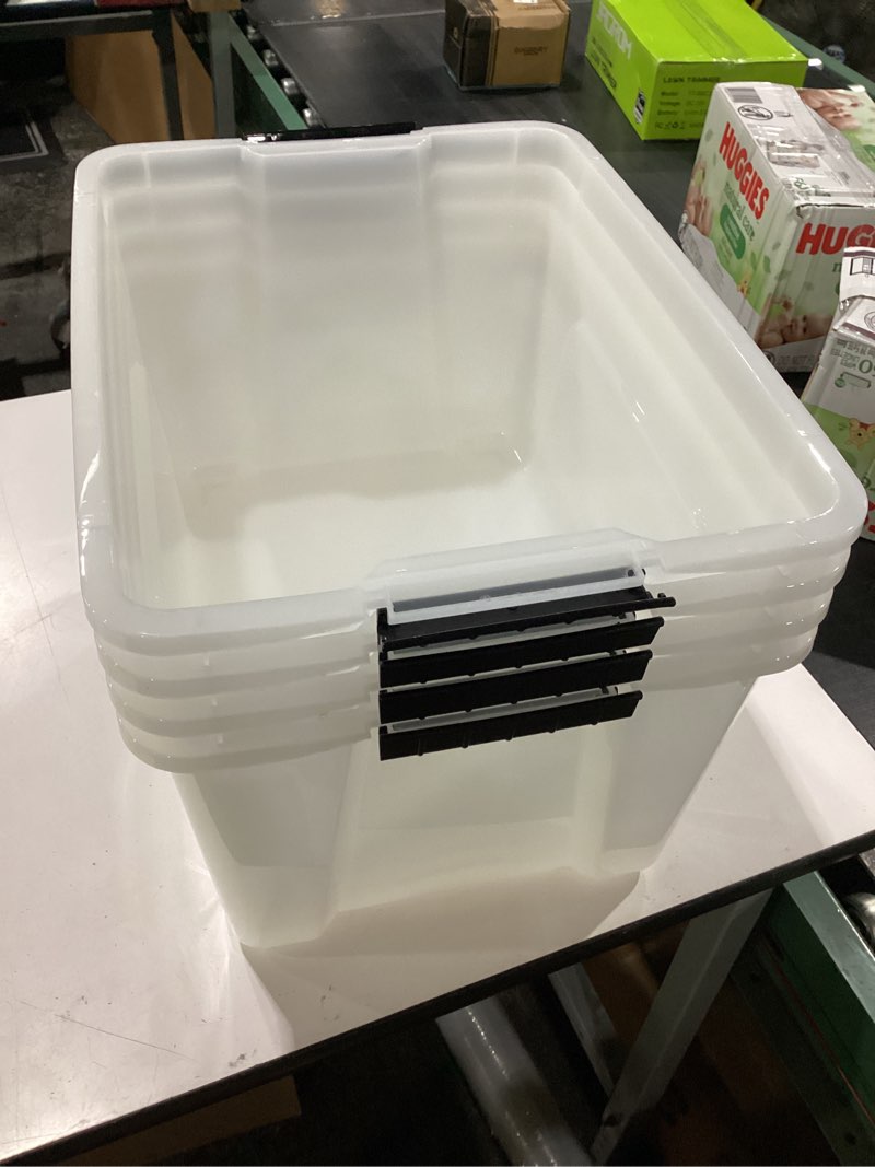 Condition photo showing As Is for iris usa 40 qt stackable plastic storage bins with lids, 4 pack - bpa-free, made in usa - discreet organizing solution, latches, durable nestable containers, secure pull handle - pearl 40 qt 4 pack