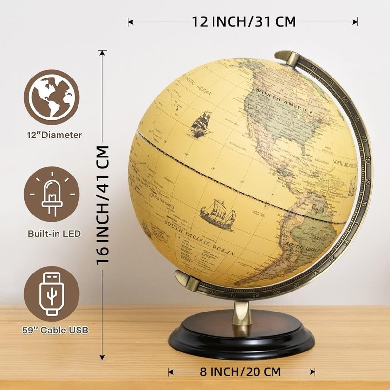 BSHAPPLUS 12" Led Illuminated World Globe Vintage World Globe