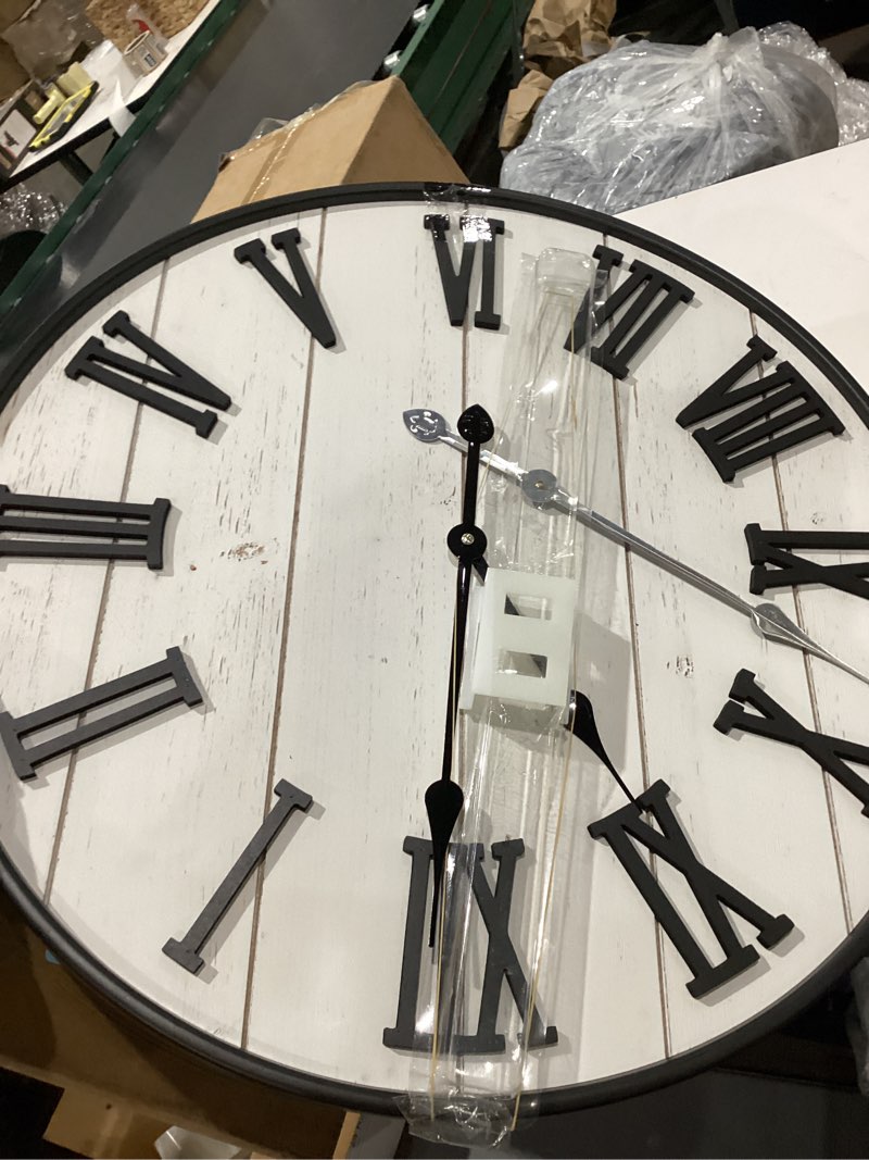 Condition photo showing As Is for mode home large rustic wooden wall clock, 24 inch whitewashed farmhouse wall clock with carved roman numerals, silent battery operated round vintage clock for living room, kitchen, bedroom, study room 24 inch washedwhite dial with black roman numerals