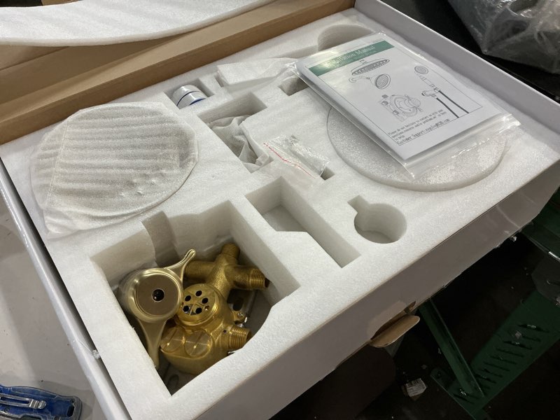 Condition photo showing As Is for antique brass shower system, 9" & 6" dual rain heads and handheld spray vintage fixtures, 3-function dual knob valve with separate temperature control, brused gold