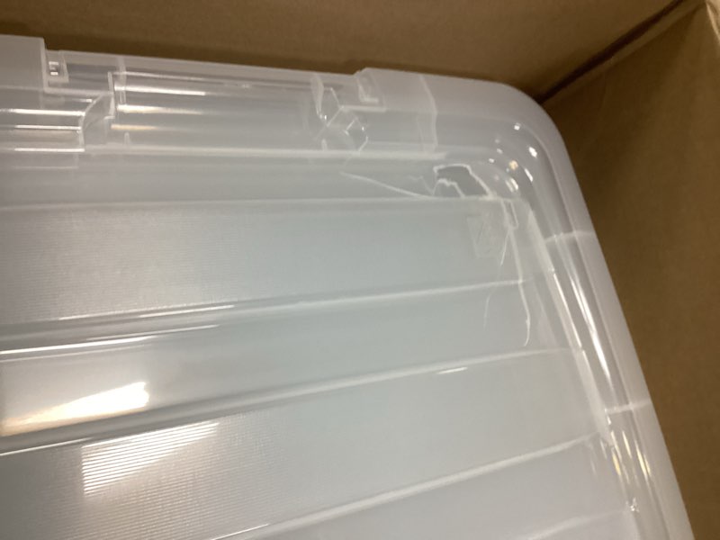 Condition photo showing As Is for iris usa 32 qt plastic storage box with lid and latches - 6 pack - bpa-free, see-through organizing solution, durable nestable stackable containers, secure pull handle - clear clear 32 qt 6 pack