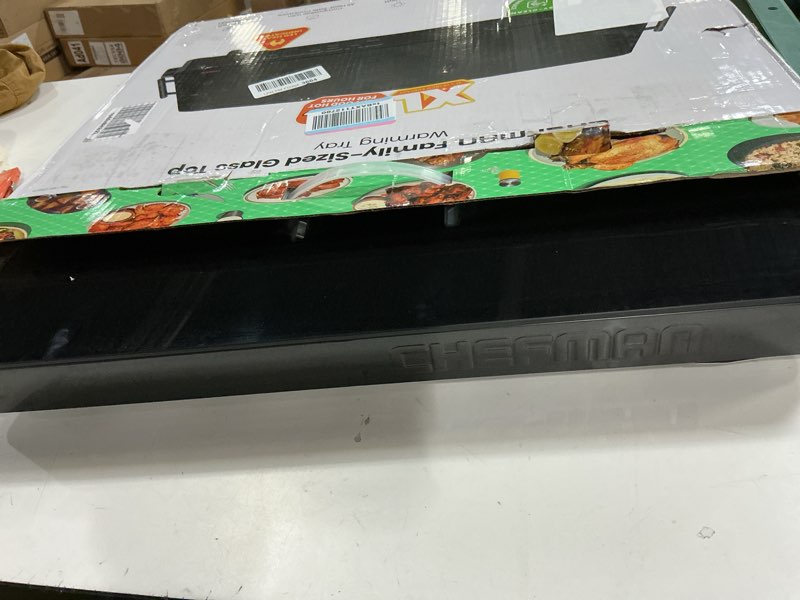 Condition photo showing Good Condition for Chefman Electric Warming Tray with Adjustable Temperature Control, Perfect For Buffets, Restaurants, Parties, Events, and Home Dinners, Large 21” x 16” Glass-Top Surface Keeps Food Hot – Black Stainless Black Large - 21" x 16"