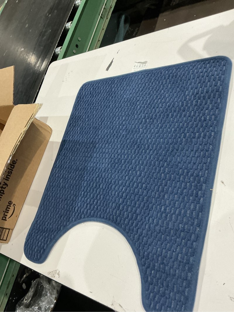Condition photo showing As Is for toilet rug, thin toilet rugs u shaped washable non slip absorbent quick dry low pile toilet mat, navy blue 20"x24" u shape navy blue 1'8" x 2' (u-shape)