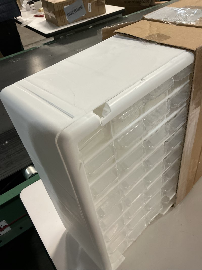 Condition photo showing As Is for Akro-Mils 64-Drawer Plastic Drawer Storage Cabinet for Garage Organization, Bead Organizer, Building Bricks Storage, Teacher Toolbox, Makeup Organizer, 20" W x 6" D x 16" H, 10164 White White 64 Drawer 1 pack