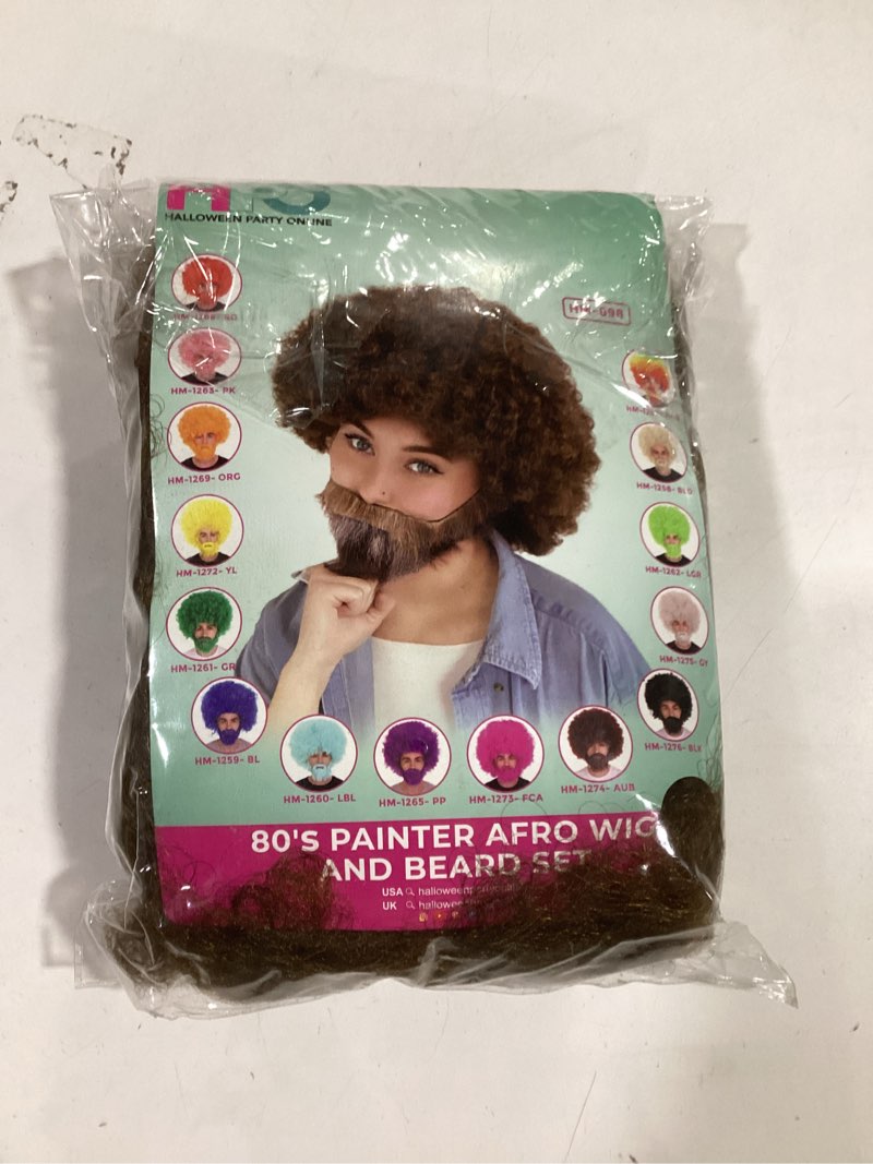 Condition photo showing Good Condition for HPO Adult Unisex 80's Painter Brown Afro Wig and Brown and Patches of Gray Beard Set | Easy and Clas