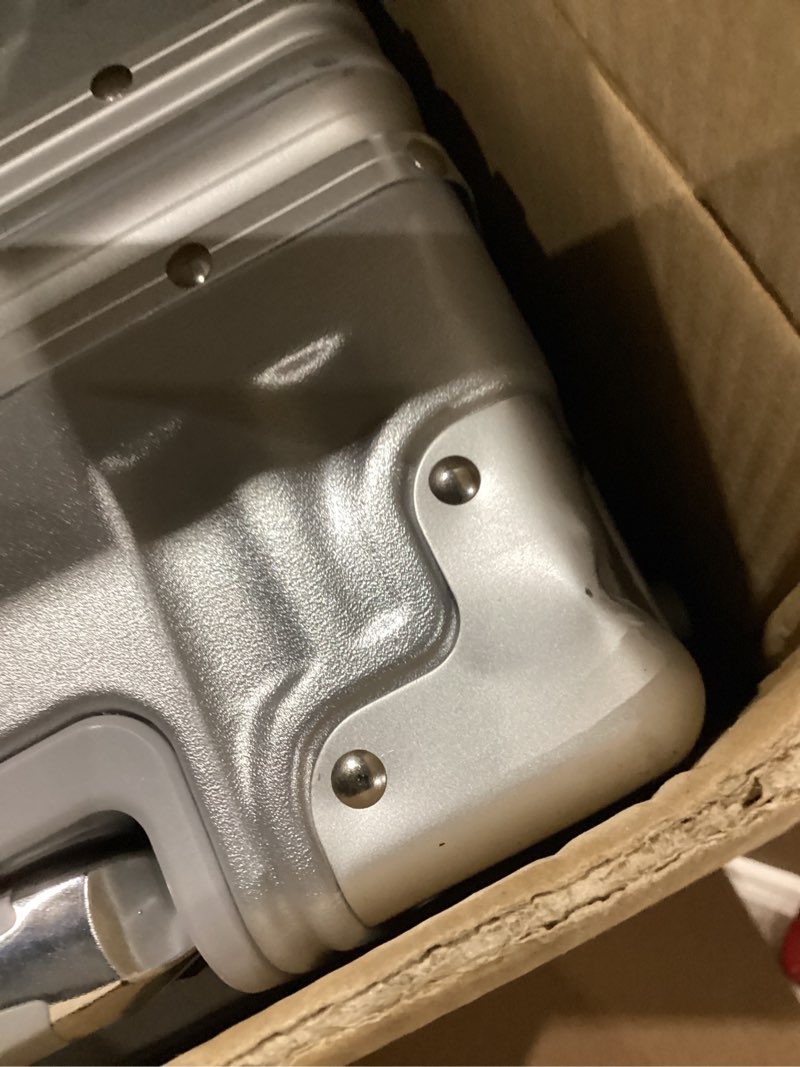 Condition photo showing As Is for HotWay 20 Inch Aluminum Frame Carry On Luggage with Spinner Wheels, PC Hard Shell Suitcase with Cup Holder, Zipperless Luggage for Business Travel, Silver Silver (PC+Aluminum) Carry on 20inch