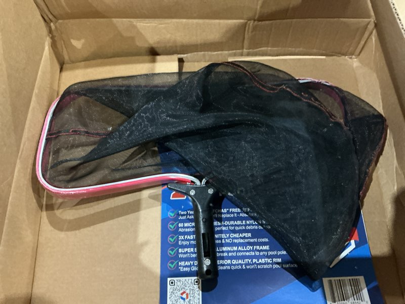 Condition photo showing As Is for protuff 19.5in pool leaf rake & skimmer net, deep pocket bag 2yr – 19” leaf 2 year