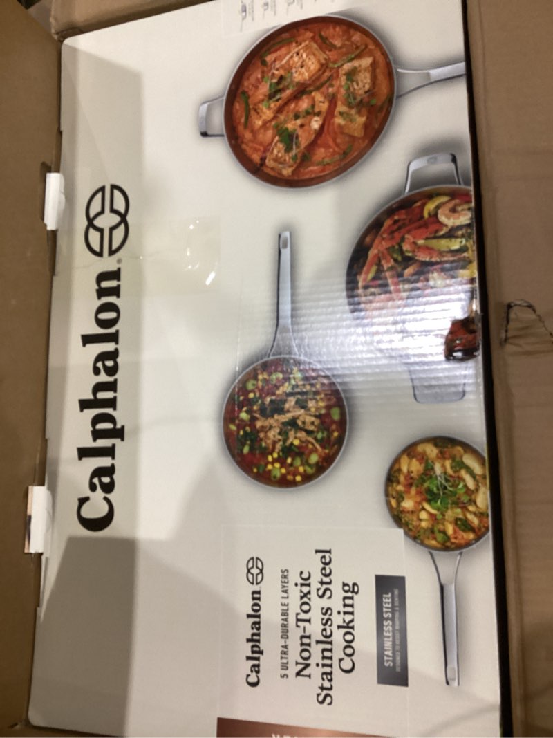 Condition photo showing New/Like New for Calphalon Premier Polished 5-Ply Stainless Steel Cookware Set w/Turbo Heat Tech 8 Piece Includes Frying Pans, Pots and Pans Set, Induction, Oven Safe 500F, PFOA Free, Polished Stainless Silver 8-Piece Set