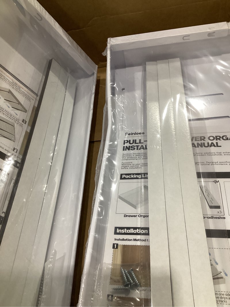 Condition photo showing As Is for 2 Pack Pull Out Cabinet Organizers 21\" Deep With Raising Pad for Framed Cabinets, Expandable Width (9\"-14\") Slide Out Drawers Upgrade 3 Slide Rails, Roll Out Shelves Adhesive, White White 9\"-14\"Wide x 21\"Deep(2 Pack), DRAWER IS BENT