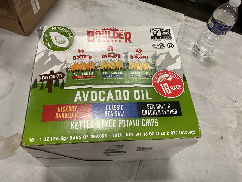 Condition photo showing New/Like New for (best by 3/23/26) boulder canyon avocado oil kettle style potato chips variety pack 18 count - gluten-free non-gmo hickory barbecue classic sea salt sea salt & cracked pepper (1 oz bags)
