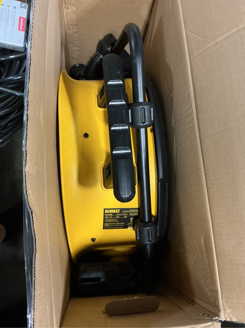 Condition photo showing As Is for dewalt 18 in. 20v cordless ac/dc hybrid 3-speed drum yellow fan with adapter cord (tool only)
