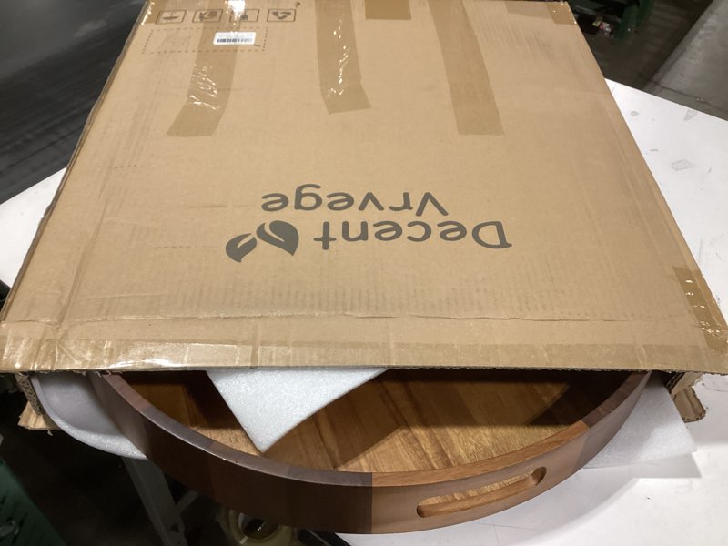 Condition photo showing Good Condition for Extra Large Round Ottoman Coffee Table Tray, 22" Big Kitchen Serving Trays for Huge Ottoman Counter Giant Decorative Organizer, Huge Wood Serveware Tray with Built-in Handle for Big Job 22" Round Tray - Acacia