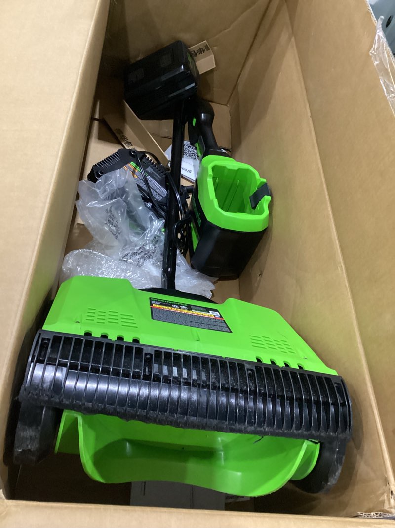 Condition photo showing As Is for greenworks 80v 12\" brushless cordless snow shovel with led light, 2.0ah battery and charger included, not tested, incomplete