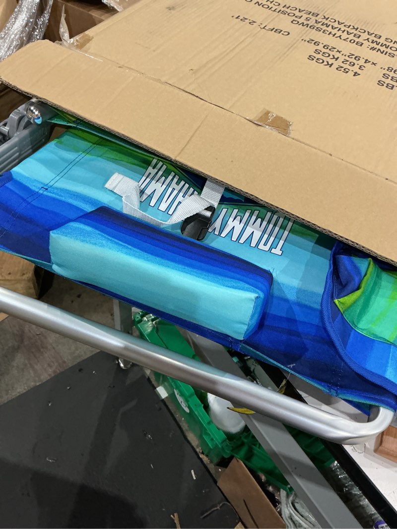 Condition photo showing Good Condition for tommy bahama 5-position classic lay flat folding backpack beach chair, blue and green stripe, 23" x 25.25" x 31.5" blue and green stripe 1-pack
