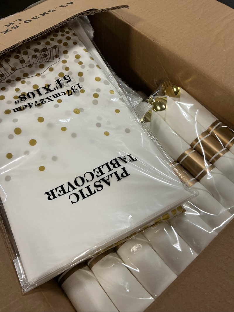 Condition photo showing New/Like New for goodluck 352 piece gold dinnerware set for 50 guests, thanksgiving square plastic plates with gold trim, include: 100 plastic plates, 50 rolled napkins, 50 cups, 50 cutlery set and 2 tablecloth 50 guests gold