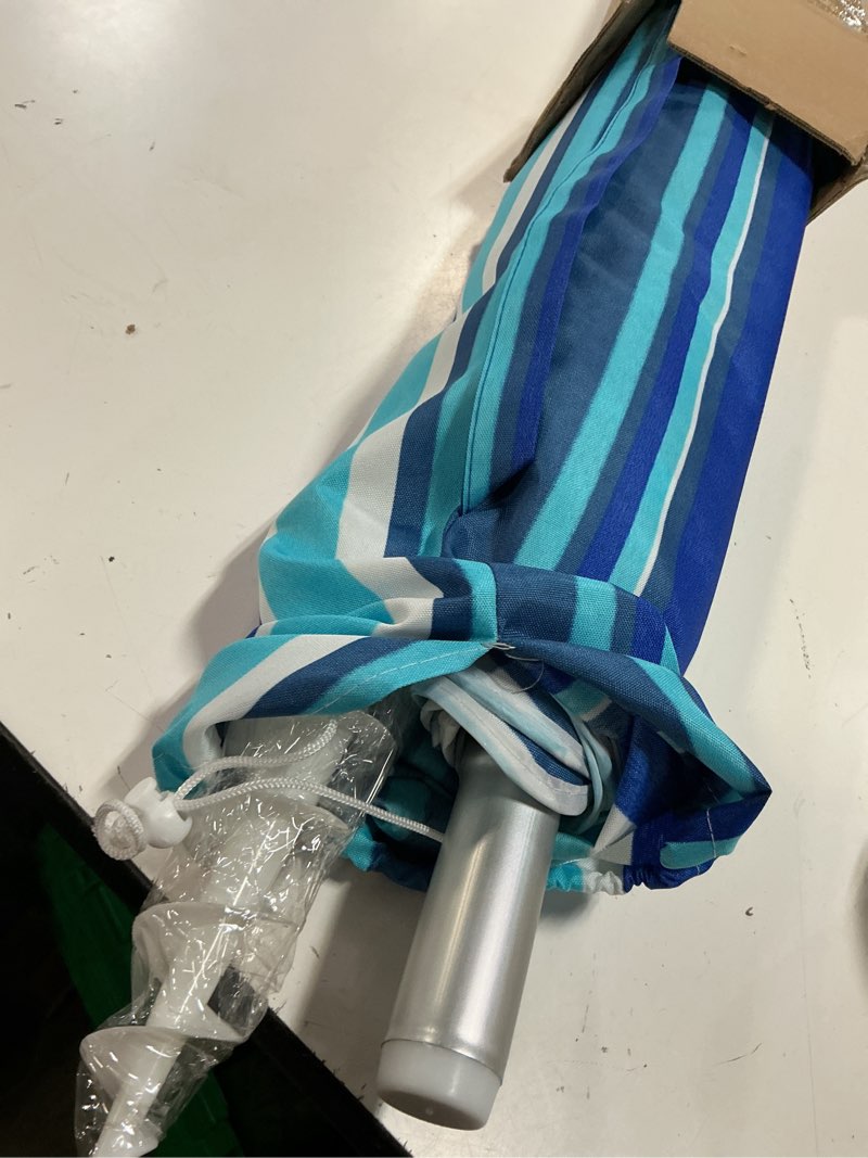 Condition photo showing New/Like New for beach umbrella 6.5ft uv 50+ outdoor portable sunshade umbrella with sand anchor,tilt mechanism and carry bag for garden beach outdoor(6.5ft,blue-green stripes)…