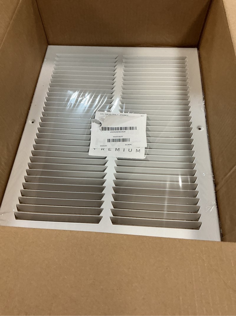 Condition photo showing Good Condition for HVAC Premium 12'' x 16'' [Duct Opening] Flat Stamped Steel Return Air Grille - Sidewall and Ceiling - HVAC Vent Duct Cover - White [Outer Dimensions: 13.75''w X 17.75''h] 12 x 16