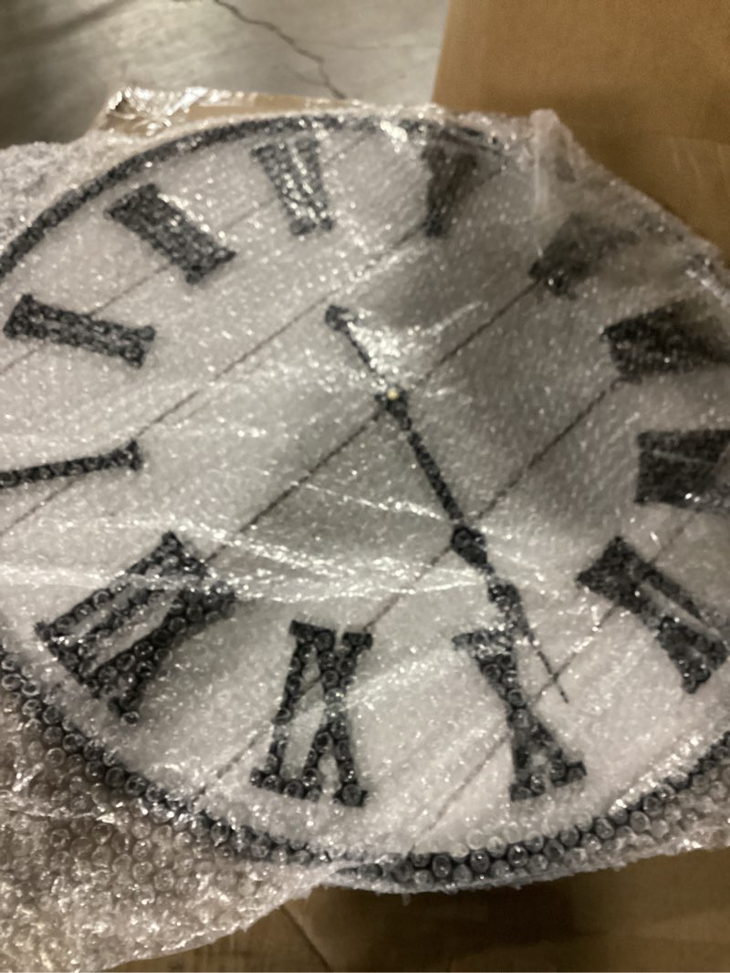 Condition photo showing Good Condition for mode home large rustic wooden wall clock, 24 inch whitewashed farmhouse wall clock with carved roman numerals, silent battery operated round vintage clock for living room, kitchen, bedroom, study room 24 inch washedwhite dial with black roman numerals